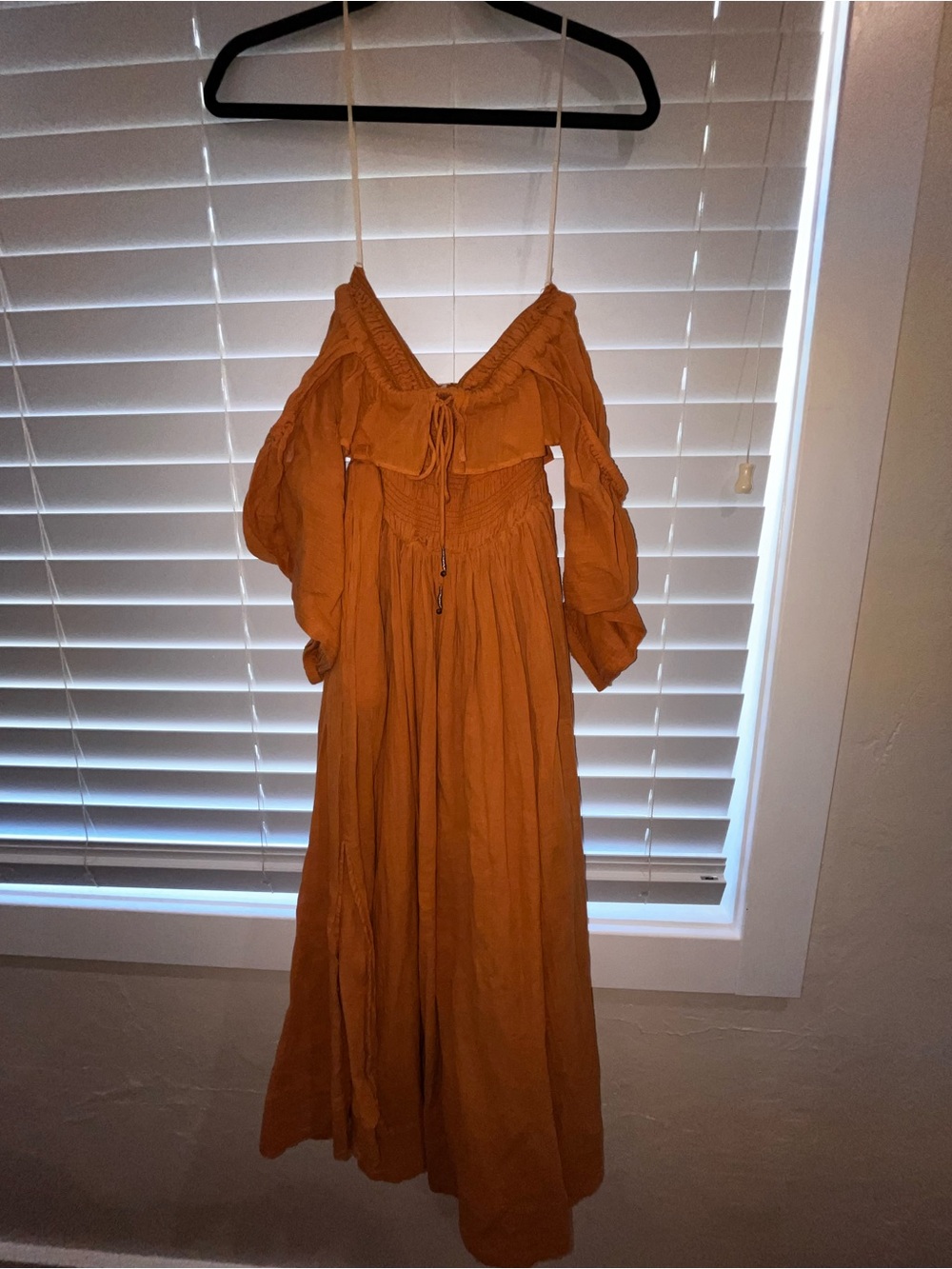 Free People Orange Midi Dress with Off-Shoulder Detail